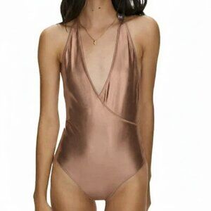 🚨 Aritzia Little Moon Bodysuit Metallic Copper Luna Halter Tie Strap